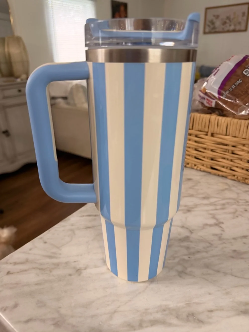 Stanley Light Blue & White Striped Insulated Travel Mug with Handle - Picture 2 of 2